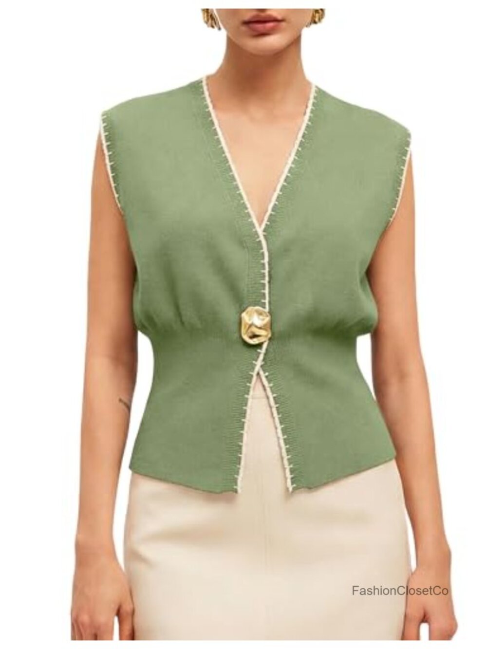V Neck Knit Vest Casual Button Down Sleeveless Contrast Trim Sweater Top